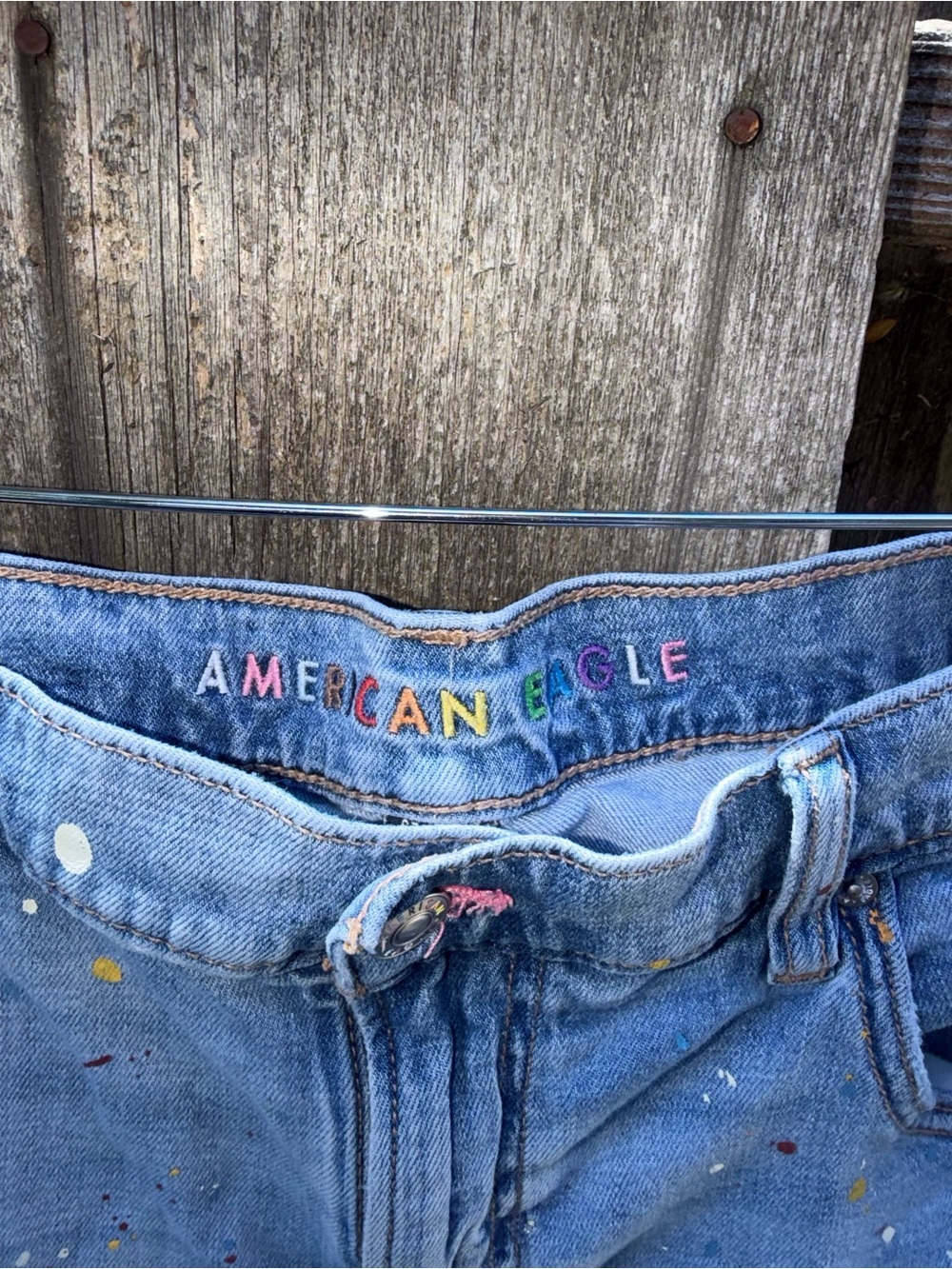 American Eagle Outfitters Light Blue Denim Shorts with Rainbow Embroidery - Picture 2 of 4